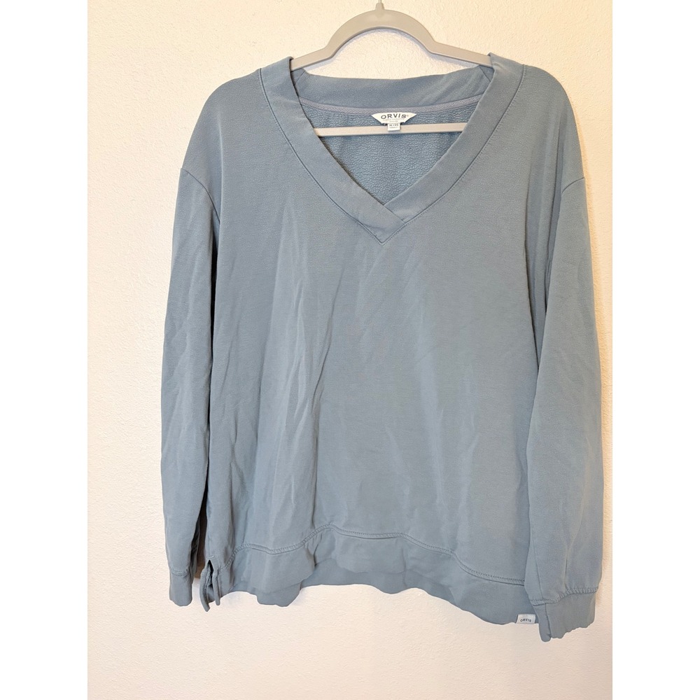 Orvis Classic Collection Womens XL Blue V-Neck Fleece Pullover Sweatshirt
